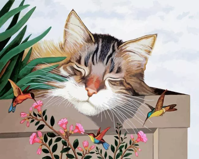 cat and hummingbirds Diamond Paintings Cat And Hummingbirds Diamond Painting