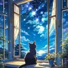 Cat By Window At Night Diamond Painting