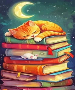 Cat Sleeping On Books Diamond Painting
