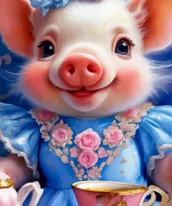 Girly Pig Wearing Blue Dress Diamond Painting