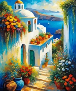Santorini Flowers Art Diamond Painting