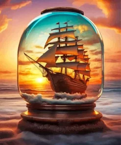 Ship Bottle Sunset Art Diamond Painting