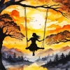 Silhouette Of A Girl On A Swing Sunset Diamond Painting