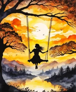 Silhouette Of A Girl On A Swing Sunset Diamond Painting