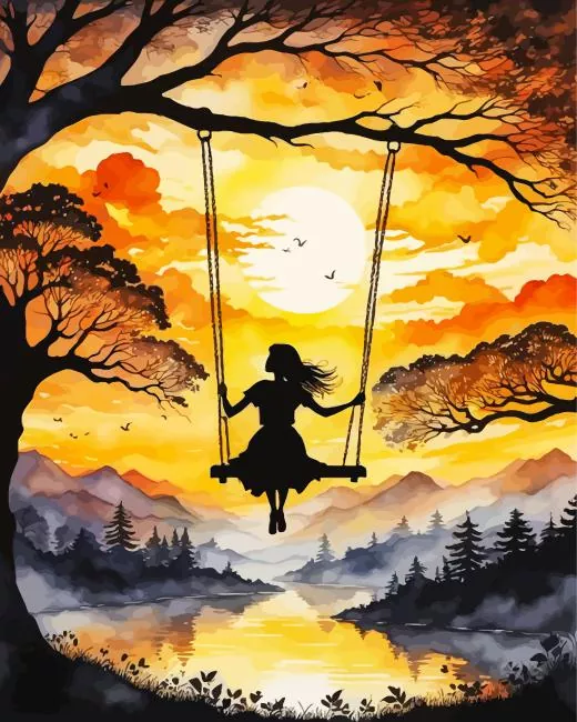 silhouette of a girl on a swing sunset Diamond Paintings Silhouette Of A Girl On A Swing Sunset Diamond Painting