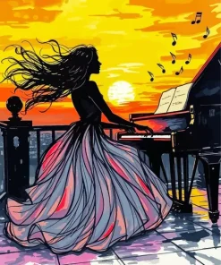 Silhouette Woman Playing Piano Art Diamond Painting