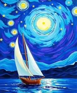 Starry Night Seascape Sailboat Diamond Painting